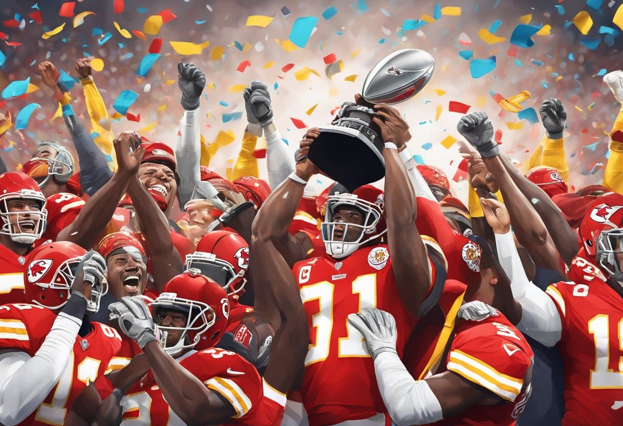 Kansas City Chiefs celebrating victory over 49ers in Super Bowl game. Crowd cheering, confetti falling, players hoisting trophy
