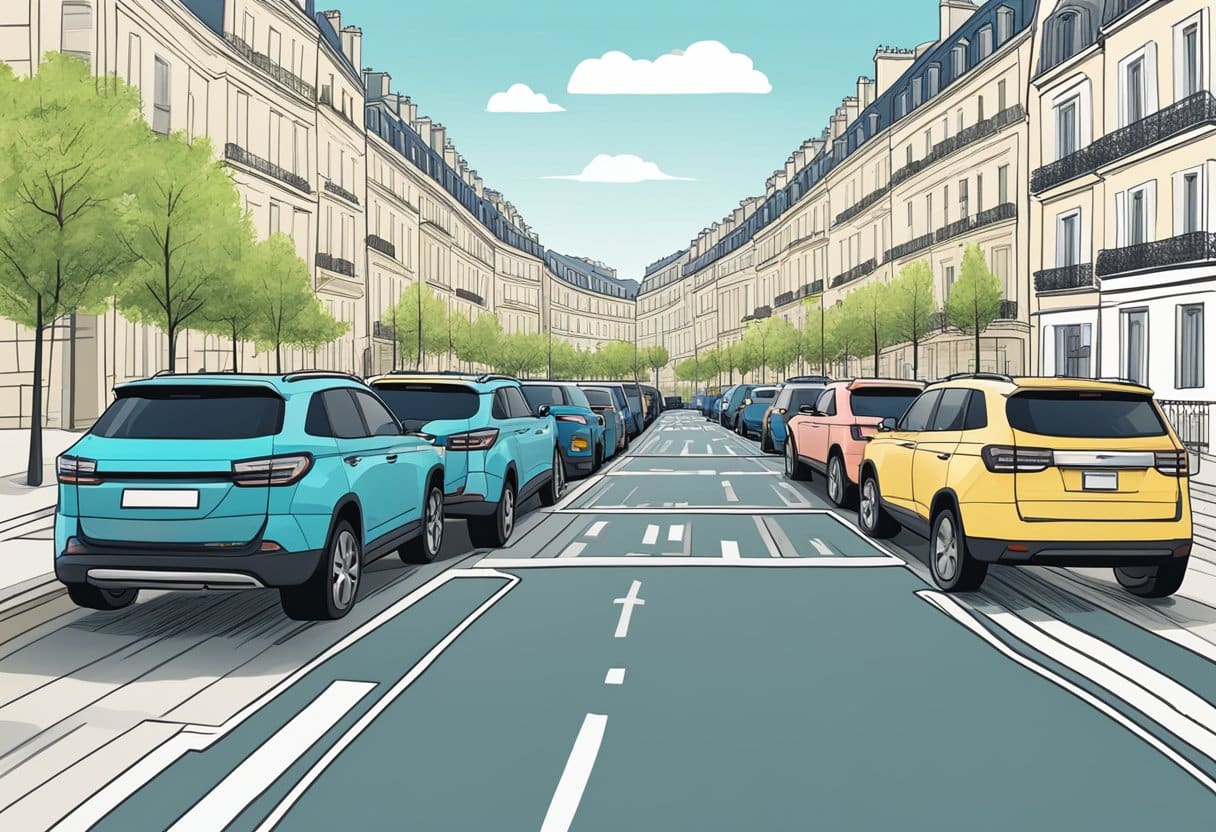 A city street with rows of parked SUVs, a parking meter displaying triple the usual fee, and a sign indicating the new higher parking rates in Paris
