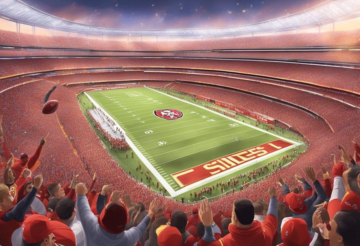 The San Francisco 49ers lose to the Kansas City Chiefs in the Super Bowl. The stadium is filled with cheering fans as the Chiefs celebrate their victory