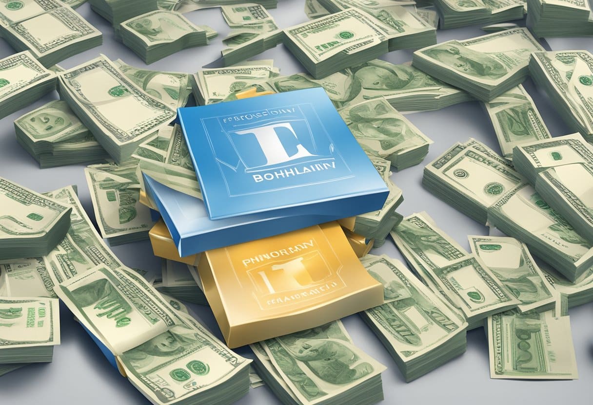 Dieter Bohlen's philanthropy and sponsorship depicted through a stack of cash, a charity event, and a logo of a sponsoring company