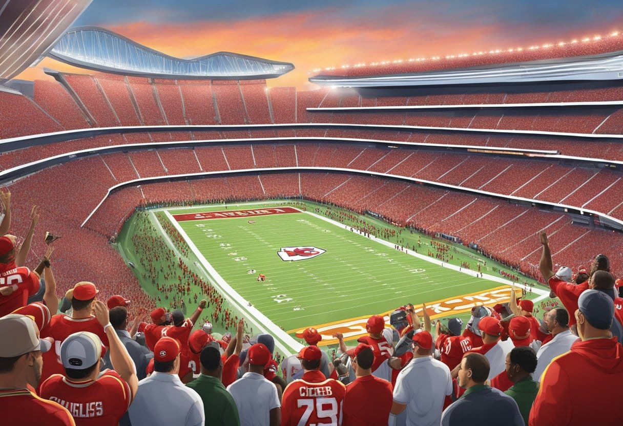 The Kansas City Chiefs celebrate their Super Bowl win over the 49ers in a packed stadium in Las Vegas