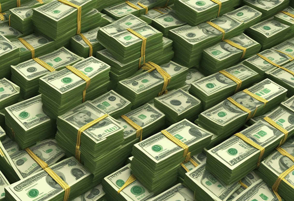 A pile of money and assets grows over time, representing the origin and growth of Dieter Bohlen's wealth